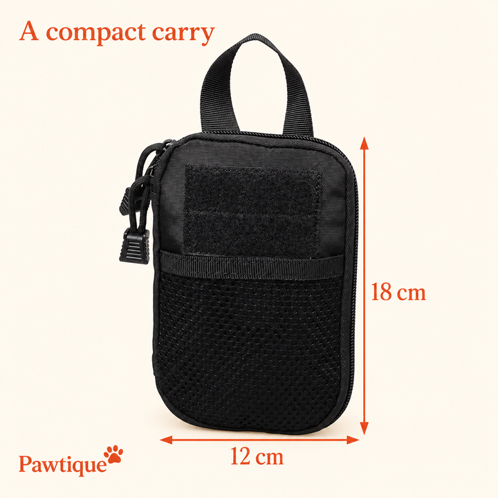 Organizer pouch body measures 18 cm high by 12 cm wide, excluding carry loop