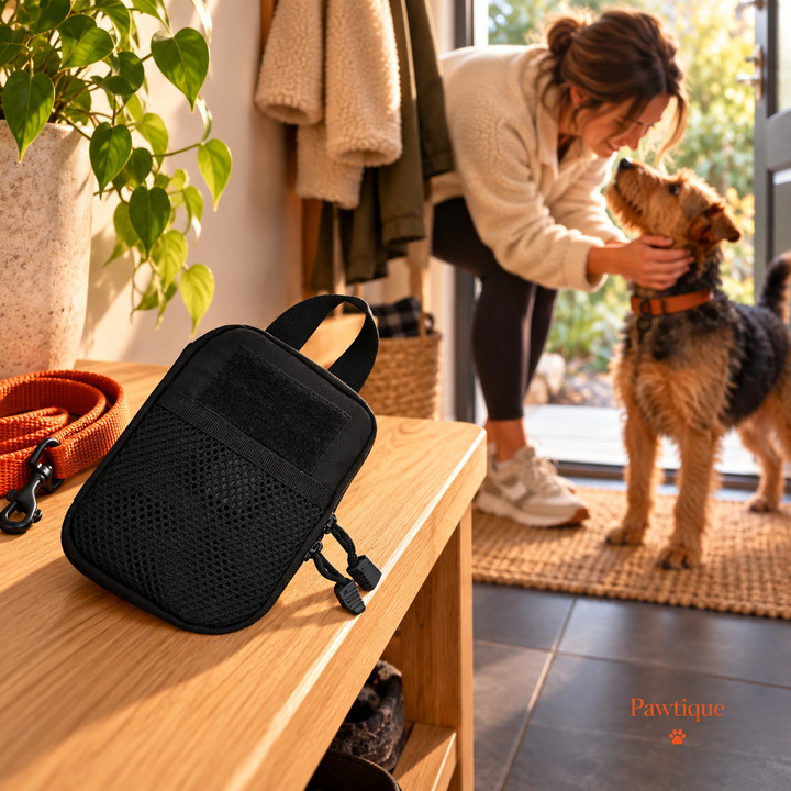 Black organizer pouch on entryway bench before a dog walk; scene accessories not included