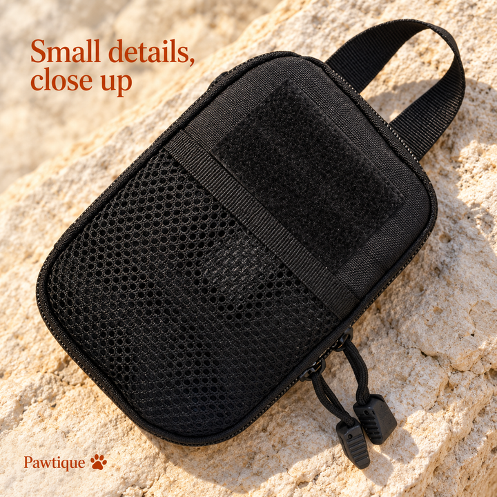 Close view of the black pouch mesh pocket, upper patch and stitched construction