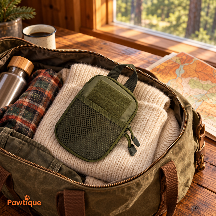 Green organizer pouch packed in a weekend bag; scene accessories not included