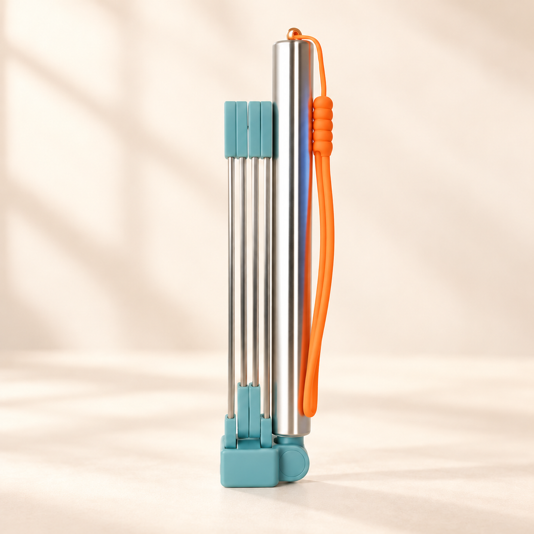 Pawtique S folding dog waste catcher with silver handle, pale teal folded frame and orange wrist loop.