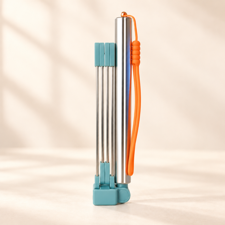 Pawtique S folding dog waste catcher with silver handle, pale teal folded frame and orange wrist loop.