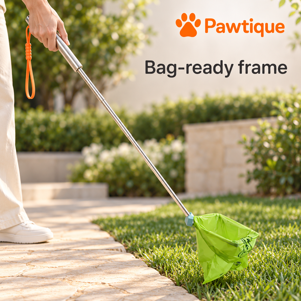 Extended Pawtique waste catcher supporting a green collection bag above a lawn beside a garden path.