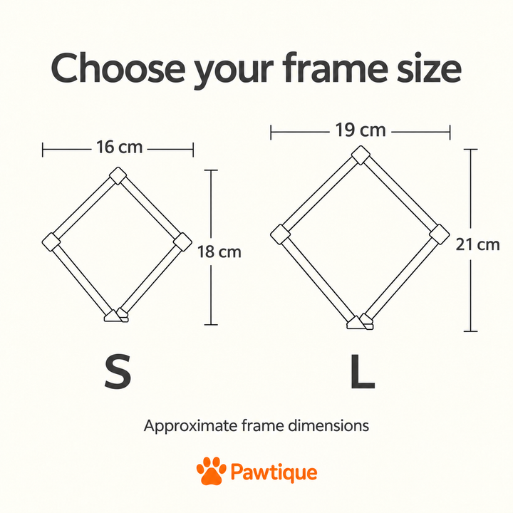 Frame-size guide: S approximately 16 by 18 cm and L approximately 19 by 21 cm.
