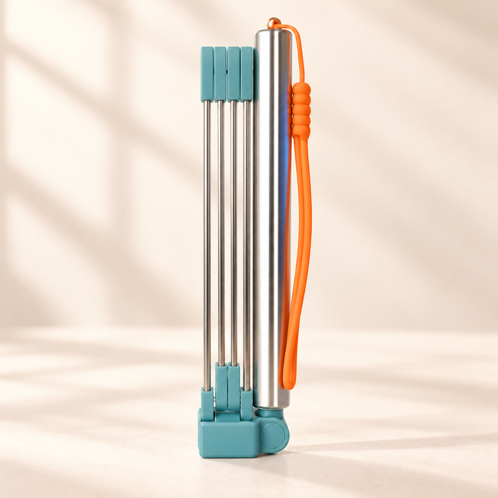 Pawtique L folding dog waste catcher with silver handle, longer pale teal folded frame and orange wrist loop.