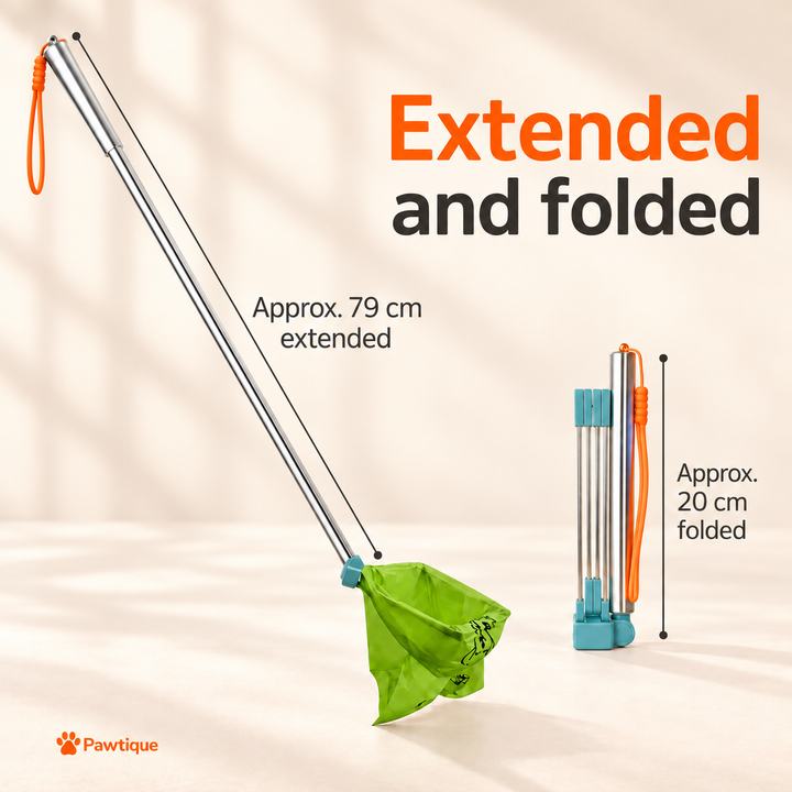 Pawtique waste catcher shown extended at approximately 79 cm and folded at approximately 20 cm.