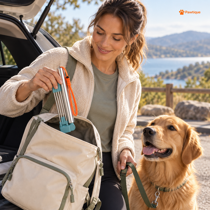 Dog owner packing a folded Pawtique waste catcher into a daypack beside a parked car and leashed dog.