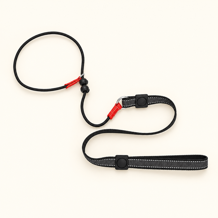 Black (2) 150 cm slip lead with 2.5 cm webbing handle and black rope loop