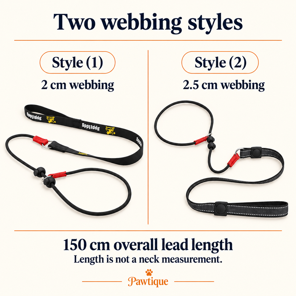 Slip lead style comparison: 2 cm and 2.5 cm webbing; 150 cm overall length