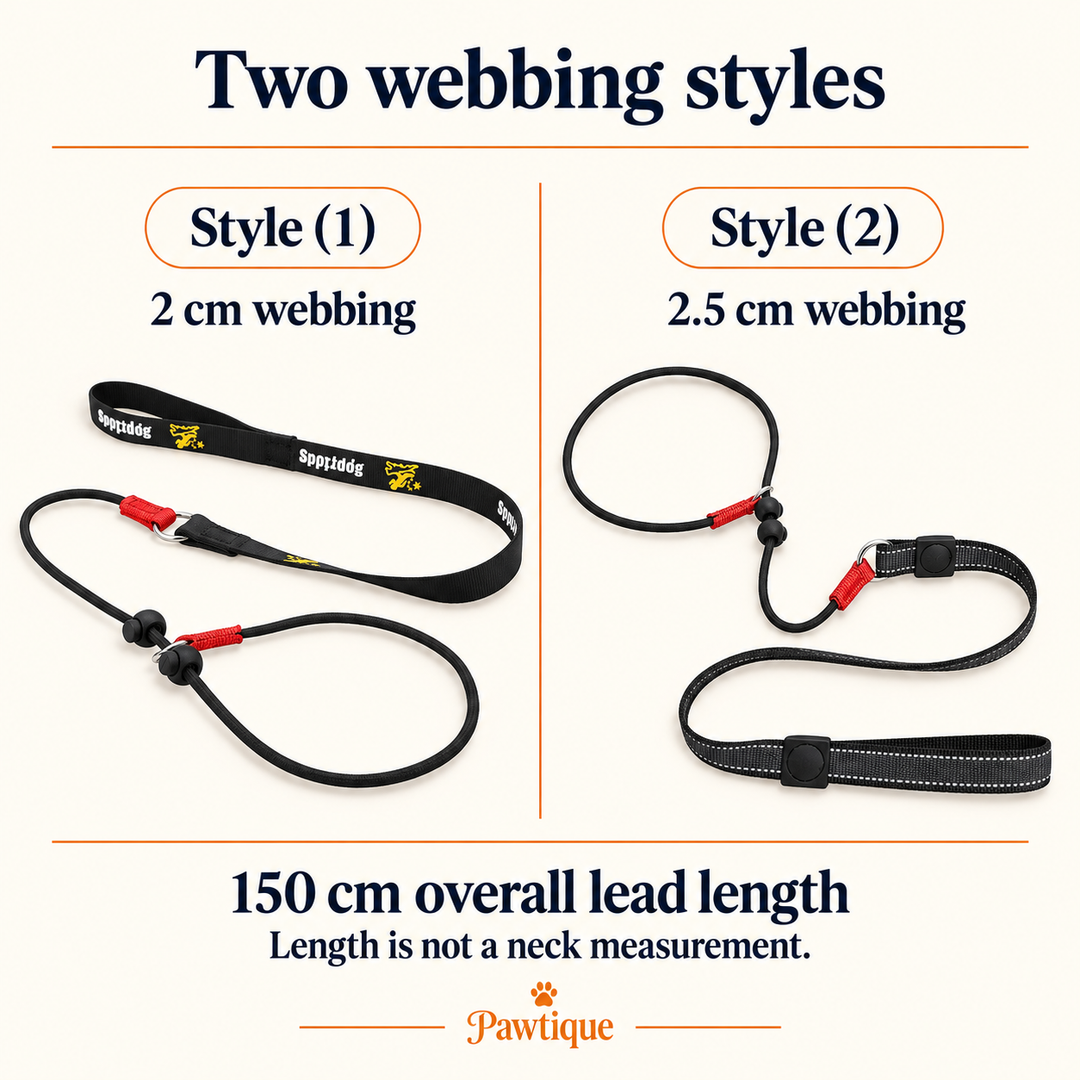 Slip lead style comparison: 2 cm and 2.5 cm webbing; 150 cm overall length