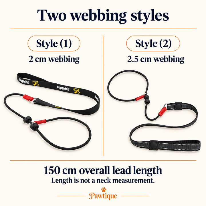 Slip lead style comparison: 2 cm and 2.5 cm webbing; 150 cm overall length