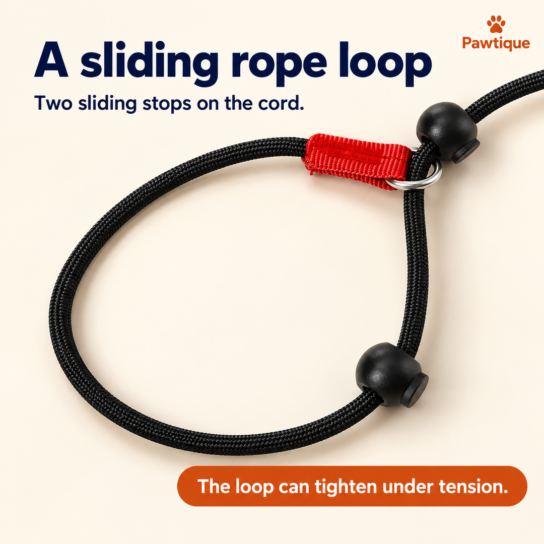 Black slip loop showing two sliding stops and the cord passing through its ring