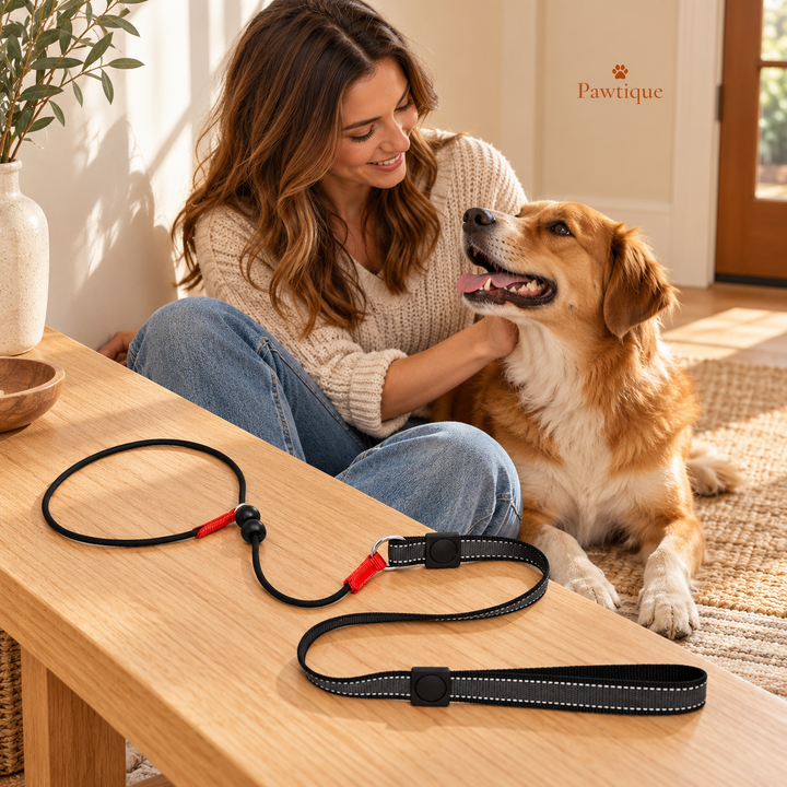 Black style 2 slip lead on an entryway bench beside an owner and dog