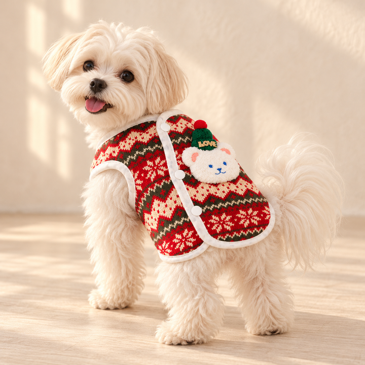 Cream dog wearing WinterBear sweater vest with original LOVE bear detail