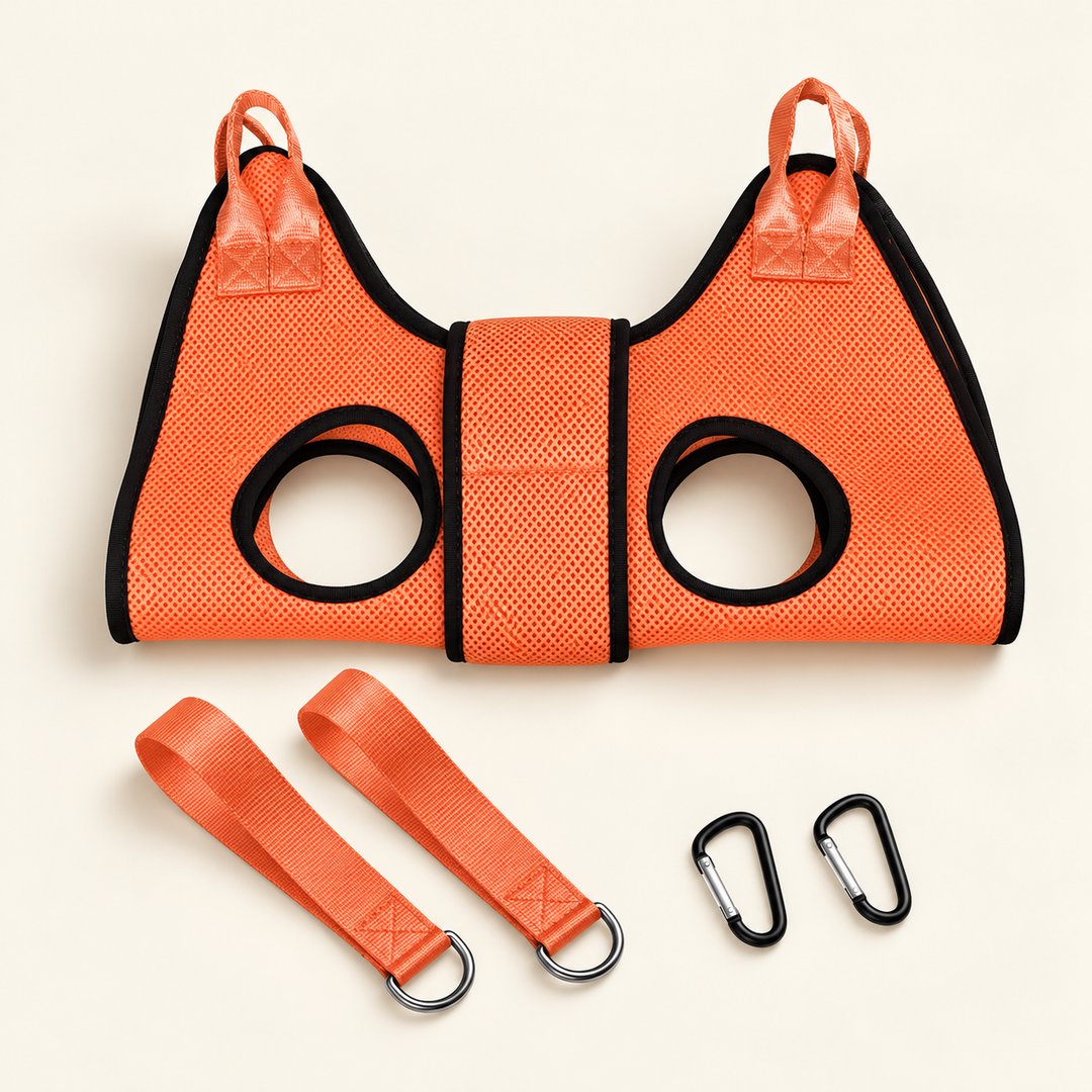 Orange Pawtique grooming hammock with two hanging straps and two connectors on a cream background
