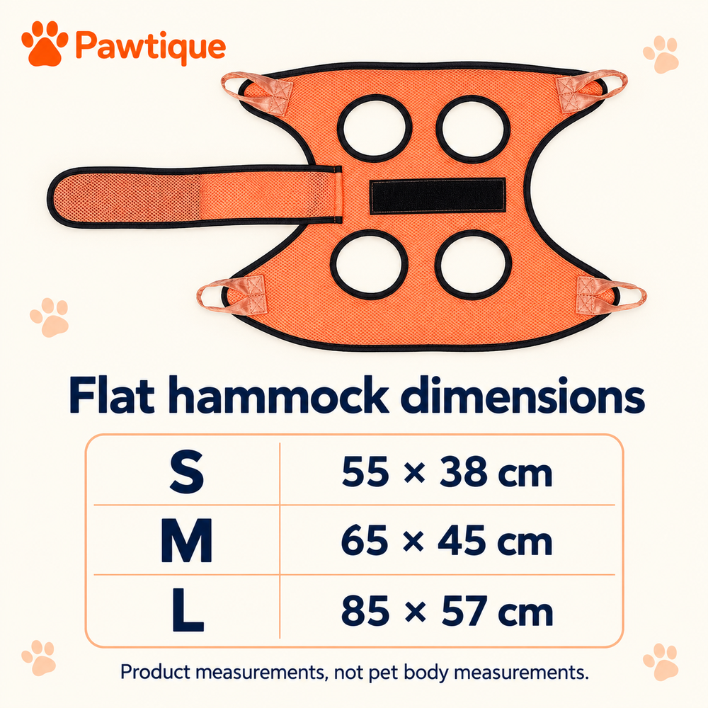 Flat hammock size guide: S 55 by 38 cm, M 65 by 45 cm, L 85 by 57 cm; product dimensions, not pet body measurements