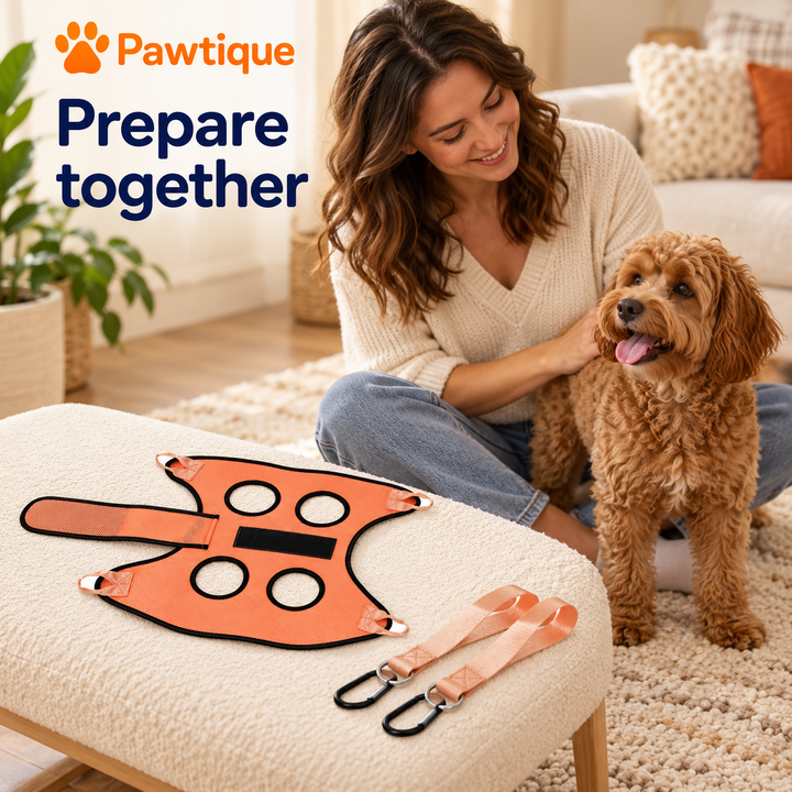 Caregiver and dog beside the laid-flat orange grooming hammock and its straps before grooming