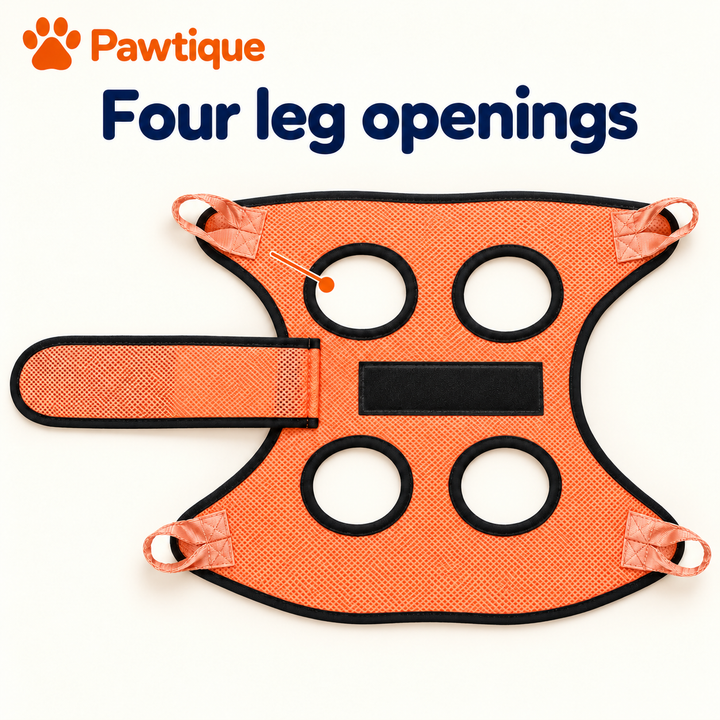 Four open black-bound leg openings in the orange mesh grooming hammock
