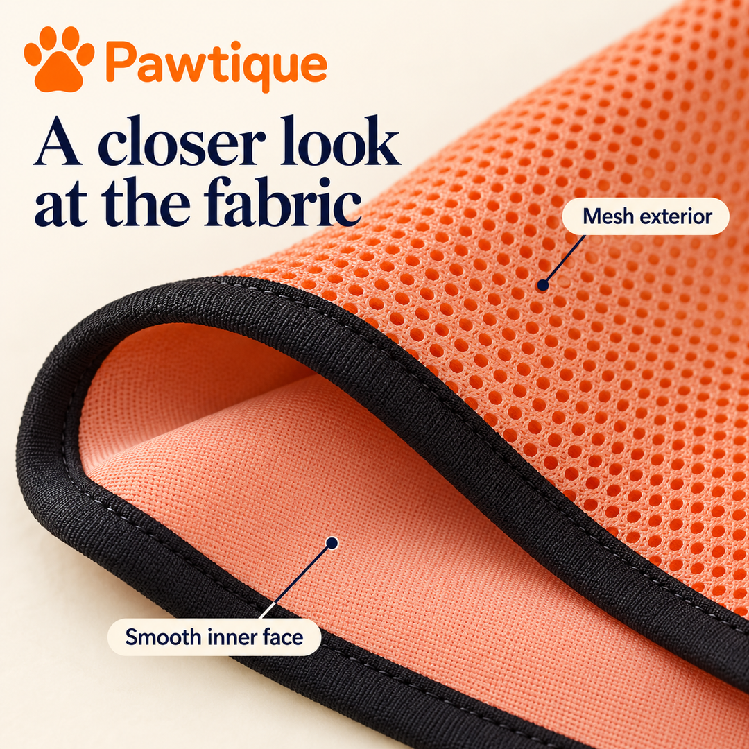Close-up of the orange mesh exterior, smooth inner face and black fabric binding