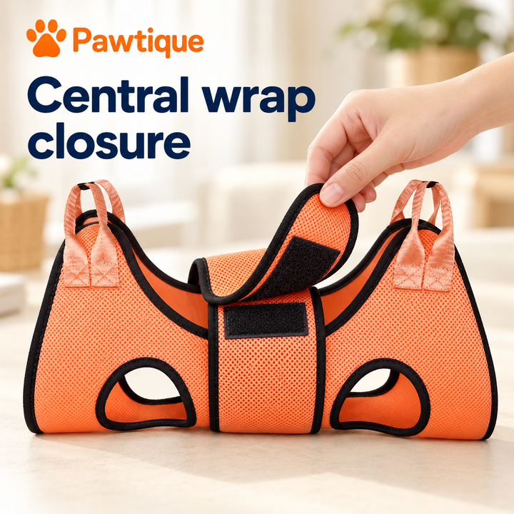 Hand lifting the grooming hammock central wrap closure to reveal its fastening patch