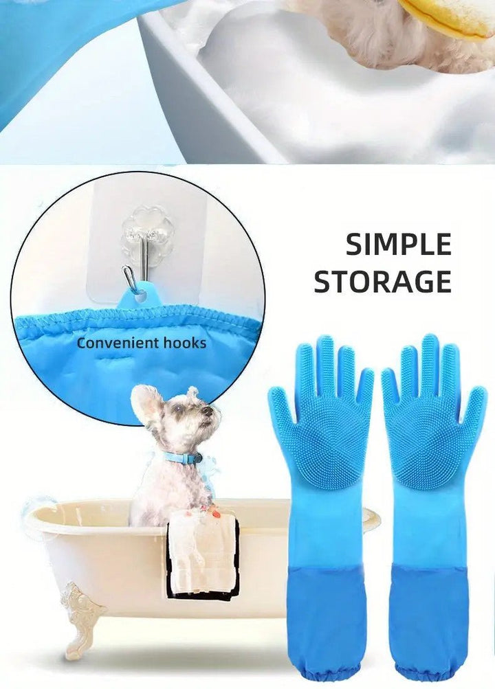 Pet Bathing Gloves - Grooming and Massage Brush for Dogs and Cats - Extra Long - Durable and Gentle on Skin - Pawtique