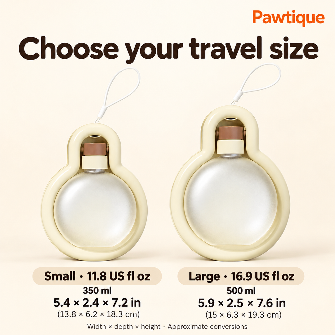Small 350 ml and Large 500 ml fold-out water bottles with approximate US fluid ounce and inch equivalents; exterior width, depth and height.