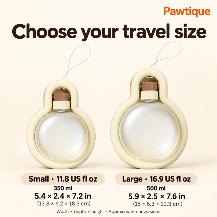 Small 350 ml and Large 500 ml fold-out water bottles with approximate US fluid ounce and inch equivalents; exterior width, depth and height.