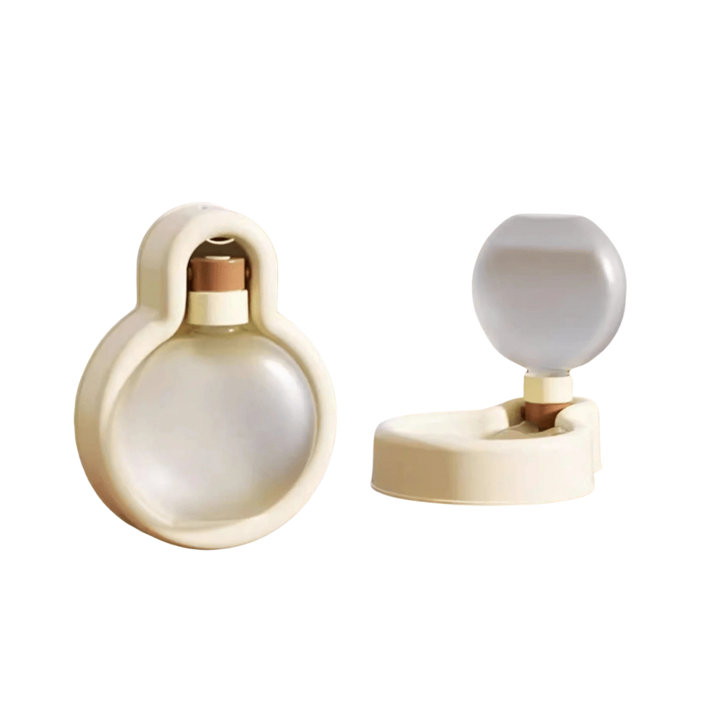 Beige travel water bottle shown folded beside the same fold-out bottle opened above its drinking tray