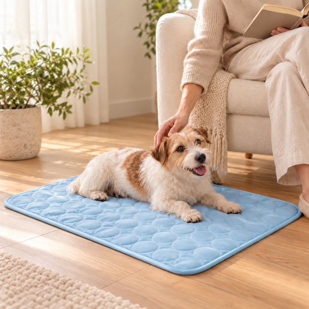 Dog resting on the Blue circular-quilted pet mat beside a seated owner in a warm home setting