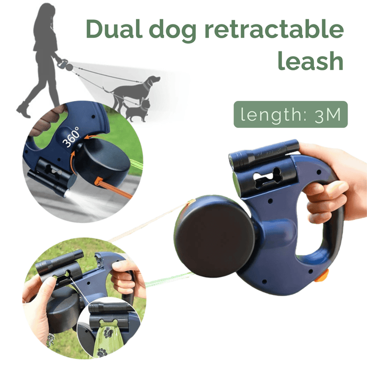 Retractable Double Dog Leash – 360° Rotatable &amp; Anti - Tangle | Reflective 3M Leashes &amp; Brake System - Pawtique