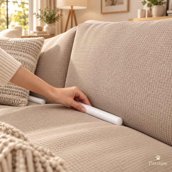 Installing Pawtique TuckSure foam fixing stick in a sofa cushion gap