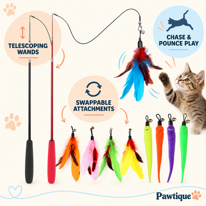 Pawtique feather wand cat toy features