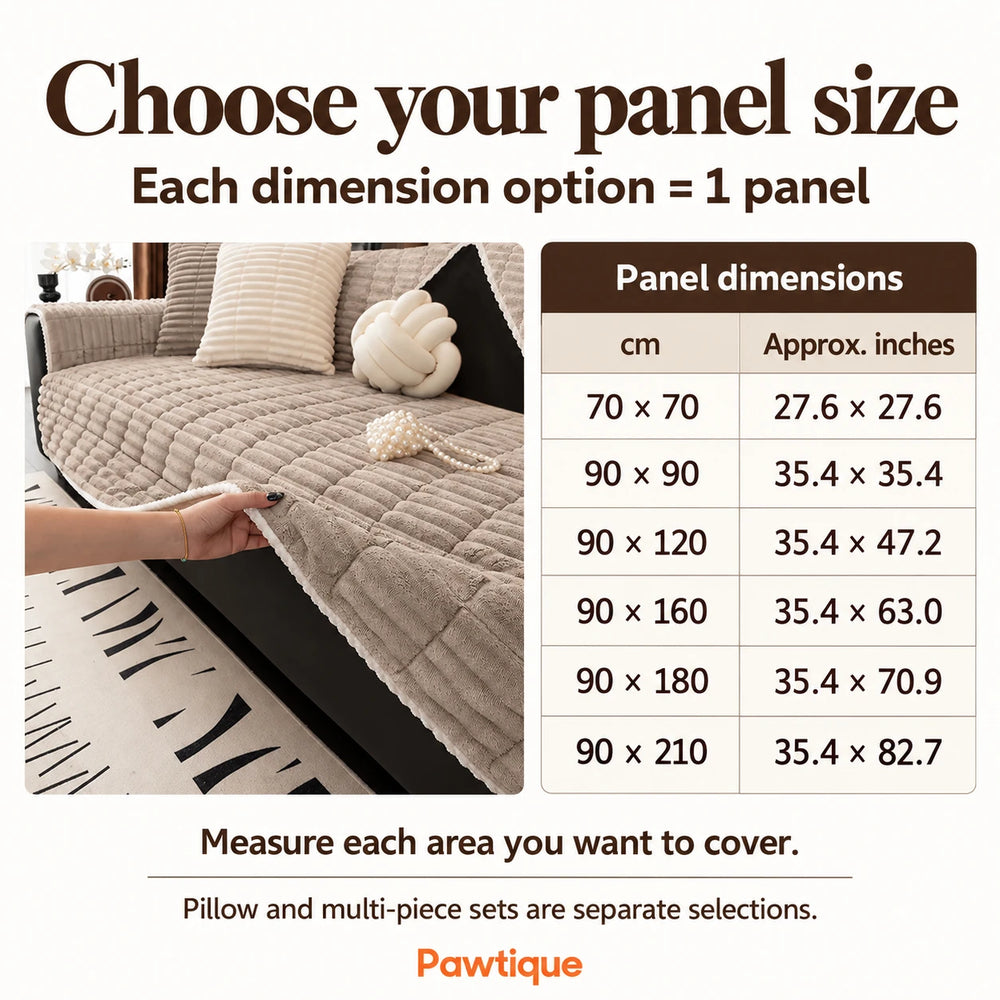 CozyFlannel single-panel size guide: six panel dimensions in centimetres and approximate inches; pillow and multi-piece sets are separate selections