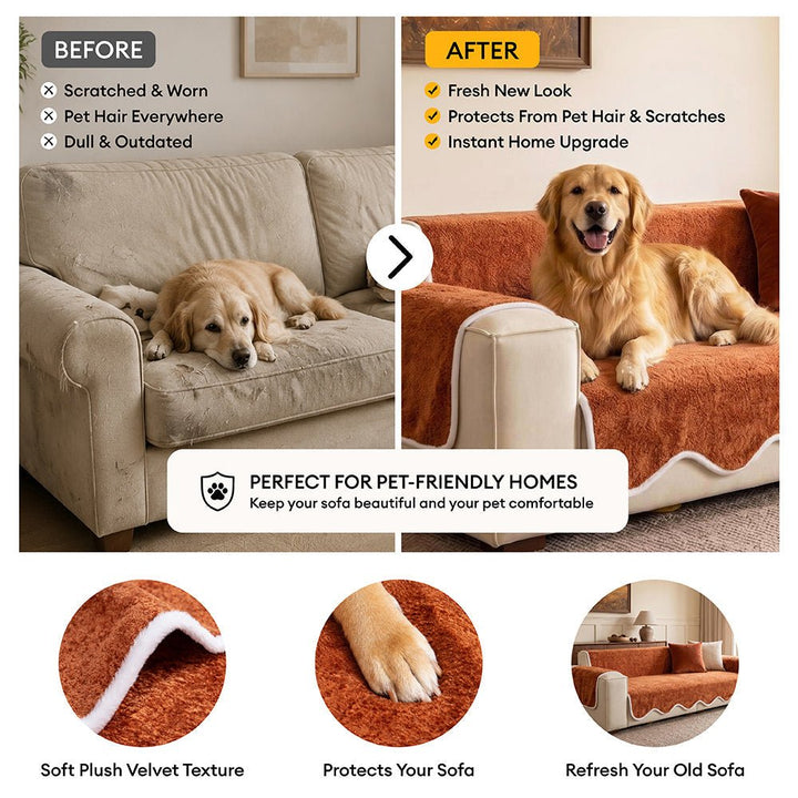 Waterproof Plush Velvet Contrast Wavy Edge Couch Cover - Pawtique
