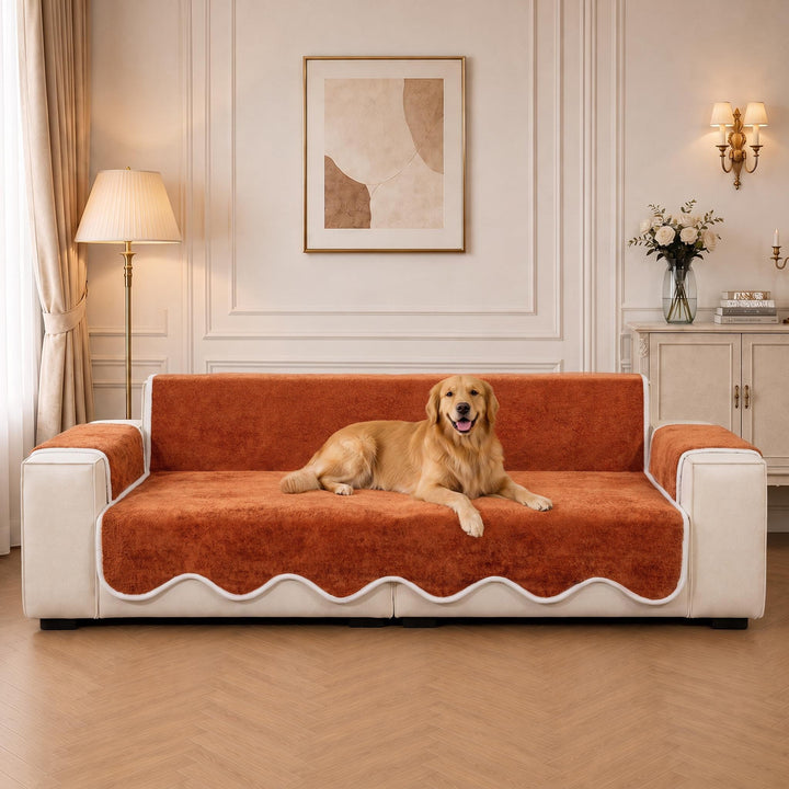 Waterproof Plush Velvet Contrast Wavy Edge Couch Cover - Pawtique