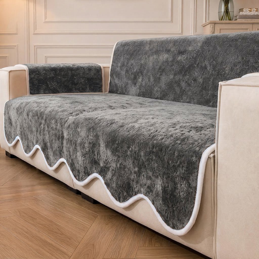 Waterproof Plush Velvet Contrast Wavy Edge Couch Cover - Pawtique