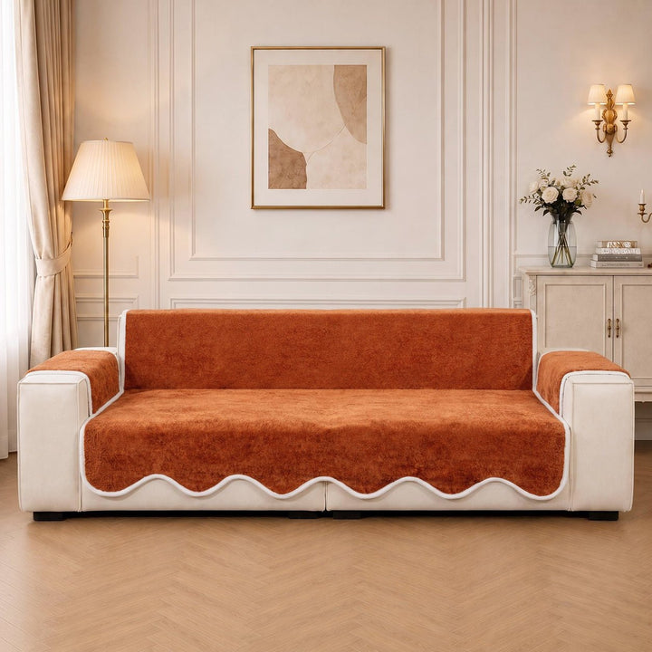 Waterproof Plush Velvet Contrast Wavy Edge Couch Cover - Pawtique