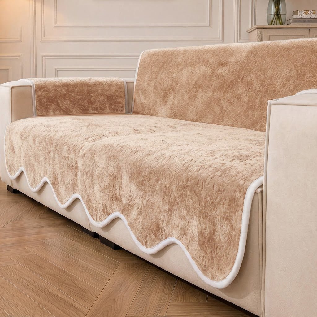 Waterproof Plush Velvet Contrast Wavy Edge Couch Cover - Pawtique