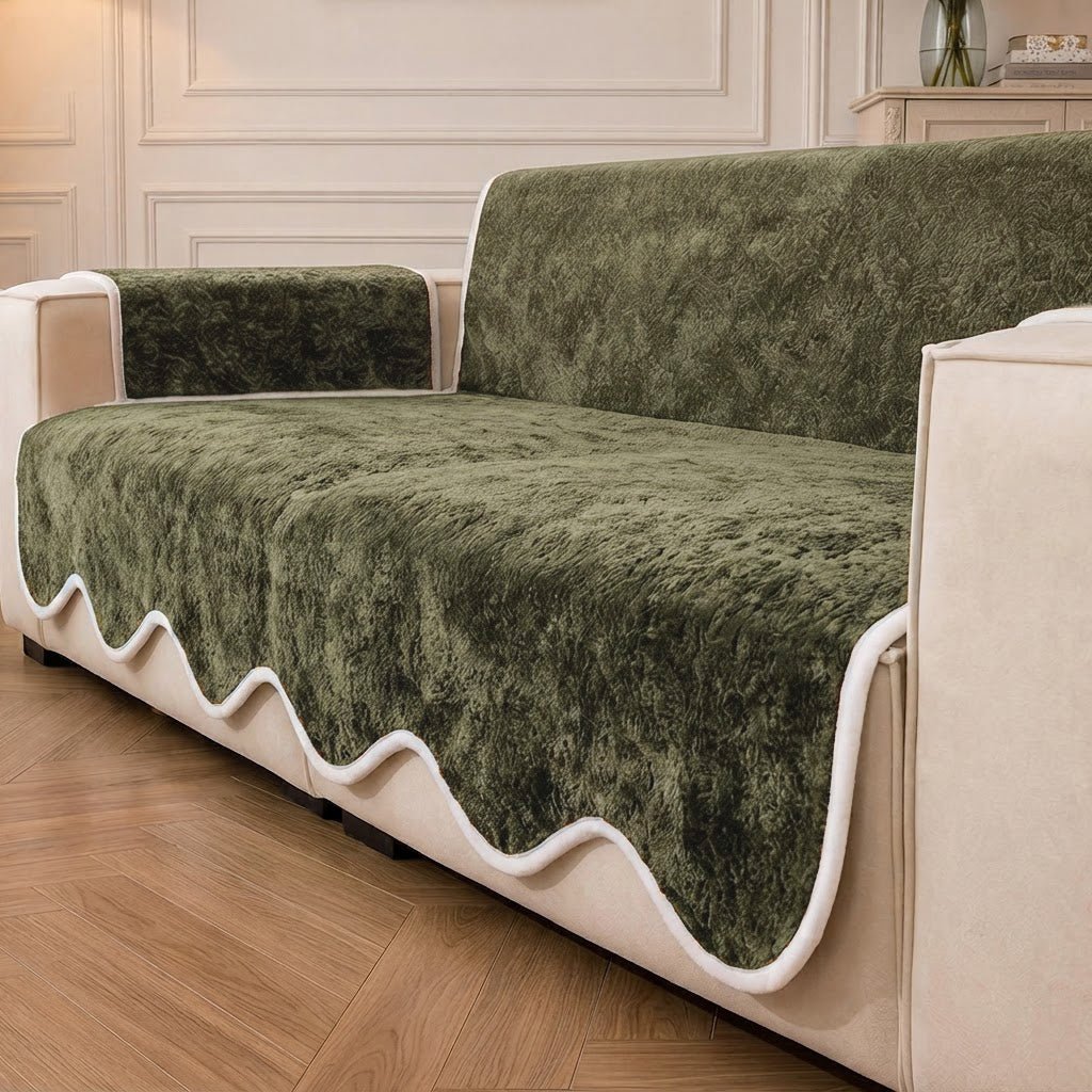 Waterproof Plush Velvet Contrast Wavy Edge Couch Cover - Pawtique