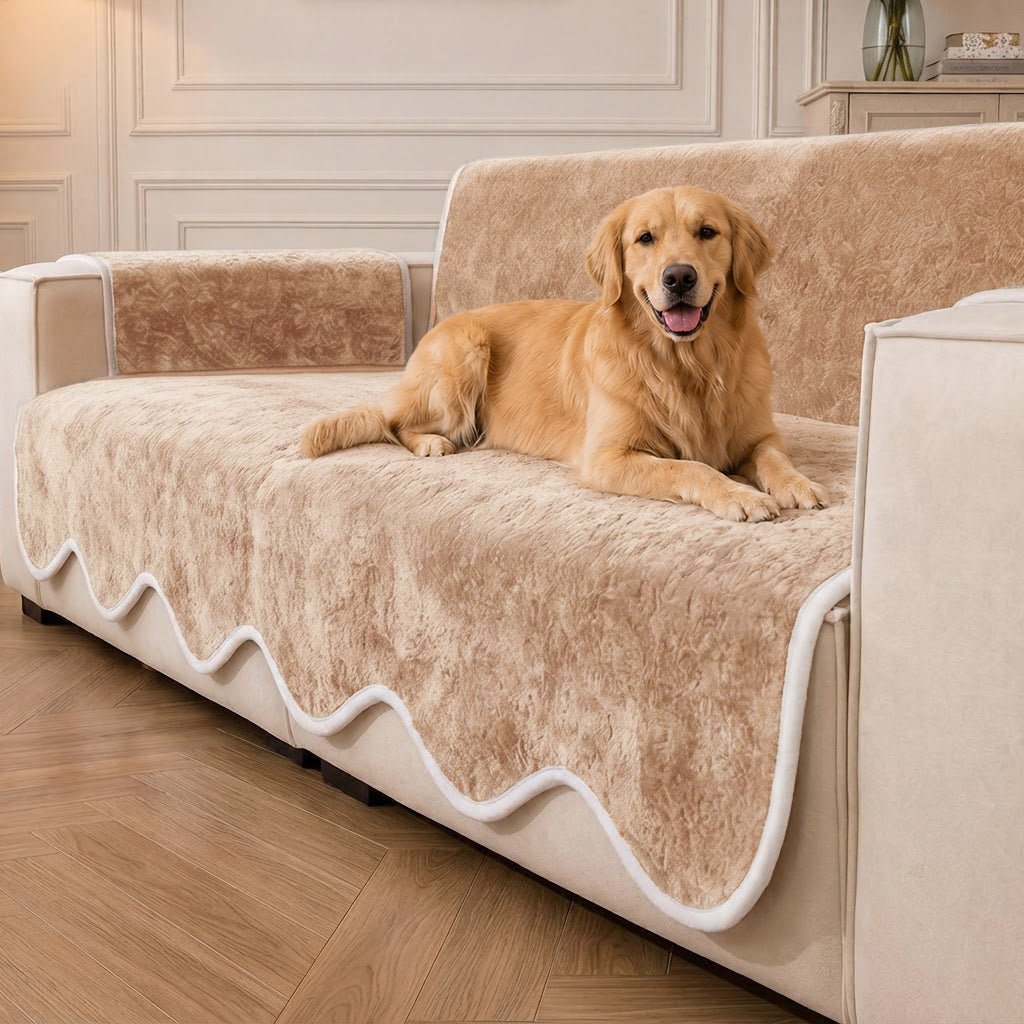 Waterproof Plush Velvet Contrast Wavy Edge Couch Cover - Pawtique