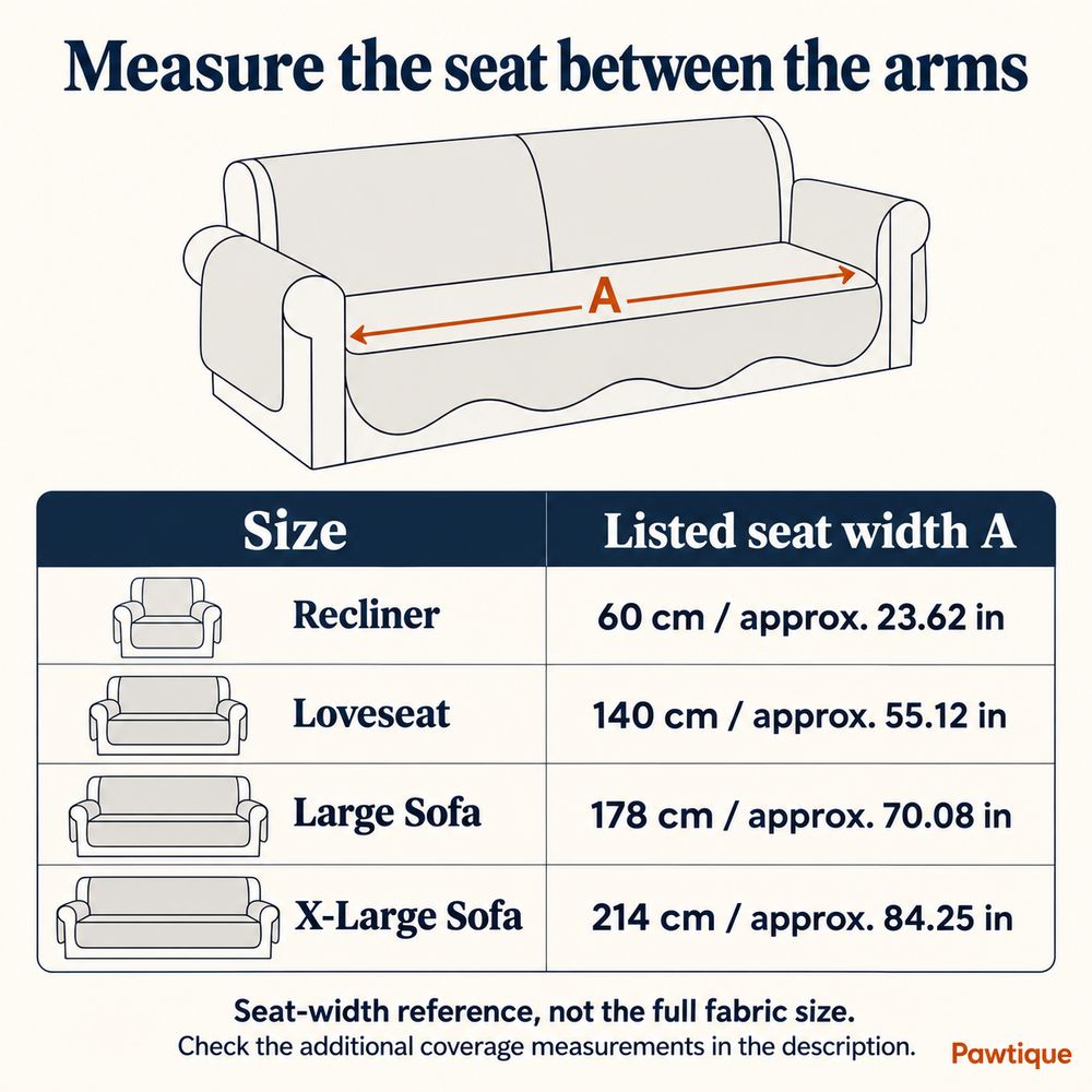 Seat-width reference measured between the inner arms: 60, 140, 178 or 214 cm, with approximate inches.